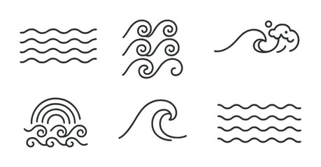 Fototapeta premium Water and waves line icons set – outline, linear, aquatic and oceanic symbols