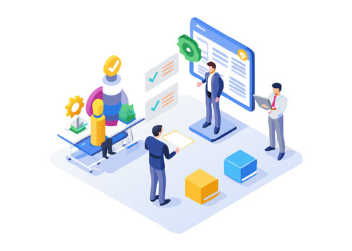 AI technology infographic. Characters use artificial intelligence, algorithms, generative tools to work with tasks, checklists, schedules and increase productivity. Flat isometric vector illustration.