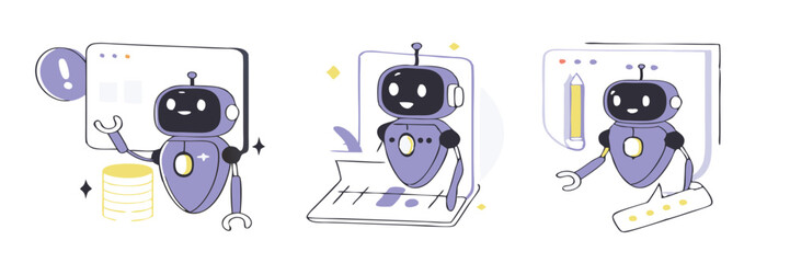 Artificial intelligence technology in business set. AI robot assistant analyzing data, business tasks, seo. Automation tools concept