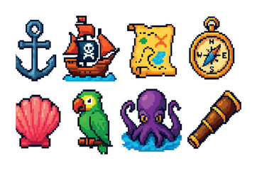 Pirate adventure icons set &ndash; pixel art, treasure, ocean voyage symbols