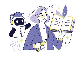 
AI technology in education. Robot assist teacher by lesson. Character use artificial intelligence generative tools for learning, teaching, exam preparation