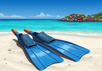 Colorful Coral Reef Beach Scene with Diving Fins