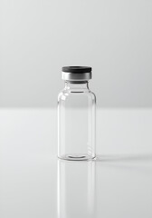 Empty Glass Vaccine Vial with Black Cap on White Background