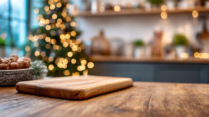 Wooden board on table with christmas tree and kitchen background creating a festive holiday atmosphere