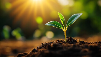 Young Sprout Emerging from Rich Soil at Sunrise, Symbolizing Growth, Nature, and New Beginnings.
