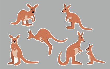 sticker Illustration  of Kangaroos in Various Poses