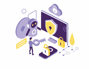 
Character use artificial intelligence tools to detect cyberthreats and for data security, protection, privacy. Cybersecurity in cloud computing conc