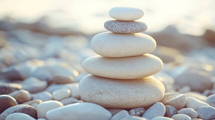 Serene beach stones stacked in balance, creating a peaceful and mindful zen rock garden scene.