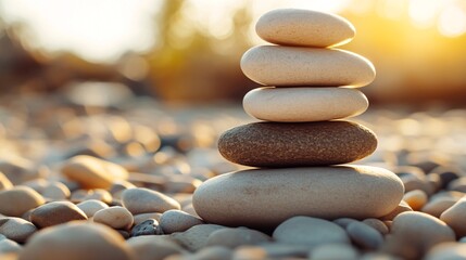 Serene Stacked Stones at Sunset Beach Peaceful Zen Rocks Nature Calm Meditation Balance