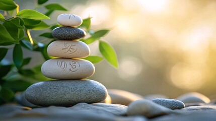 Serene Stacked Stones near Lush Greenery at Sunset: A Peaceful Zen Garden Scene