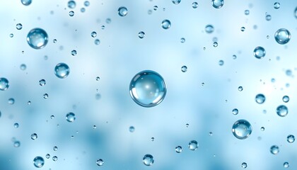 Translucent water droplets float against a soft  blue, blurred background. 