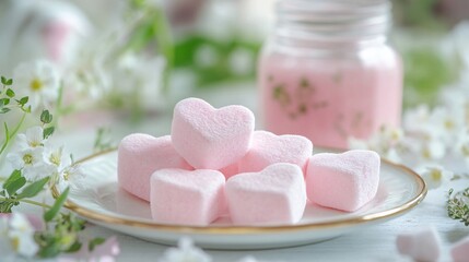 Delicious pink heart-shaped marshmallows arranged on a plate with flowers and a drink a perfect Valentine's Day treat
