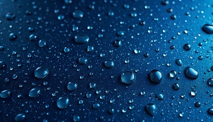 Numerous water droplets of varying sizes rest on a deep  blue surface, creating a glistening effect. 