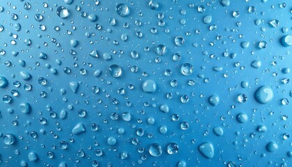 A blue background adorned with numerous round water  droplets of varying sizes. 