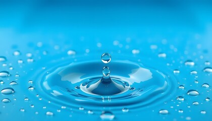 A water droplet falls into blue  toned water, creating ripples and surrounded by smaller droplets. 