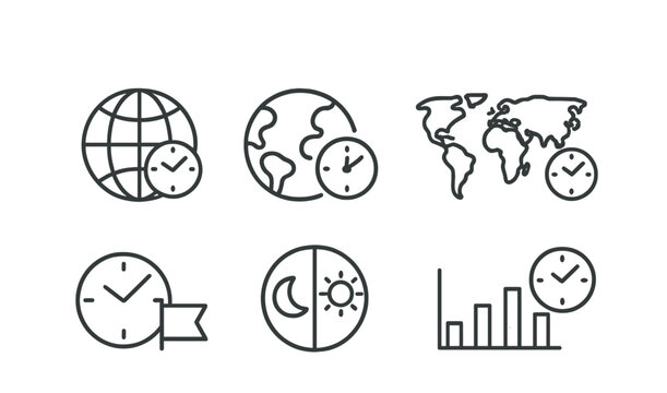 Time and world outline icons set &ndash; linear, clock, geography and global symbols