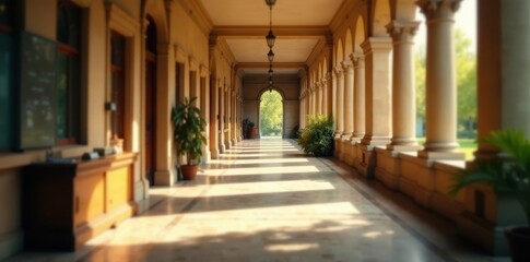 Fototapeta premium Sun-dappled bank hallway, blurred check desk, classical columns, banking, design