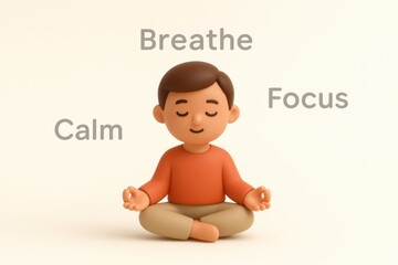 Mindful meditation for focus and calm indoor setting relaxation art with floating text "Breathe", "Focus" and "Calm"