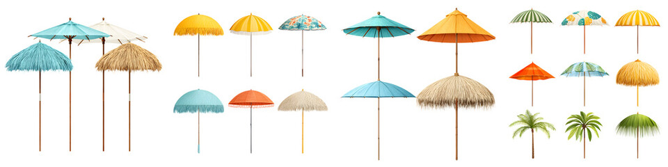 Obraz premium Vibrant collection of various shaped and patterned umbrellas and parasols ideal for adding a touch of tropical style and shade to beach garden or outdoor events during the summer season