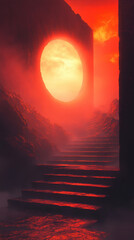 Fototapeta premium Mystical fiery sunset with glowing sun framed by ancient canyon walls and stone steps leading into the fiery horizon creating a surreal dramatic landscape