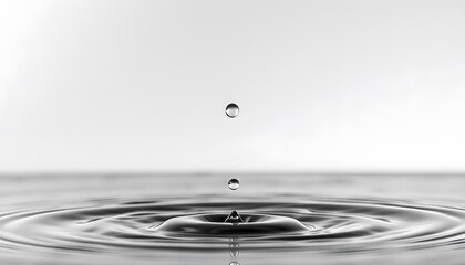 A black  and  white image shows water droplets falling into water, creating circular ripples. 