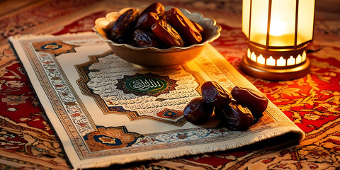 Decorative Plate of Dates with Lantern and Quran for Ramadan

