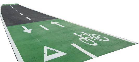 Green bike path merging with a conventional road, featuring white arrows, bicycle symbols, and yield signs for urban cycling. Isolated on white or transparent background © Carmein