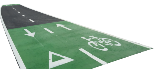 Green bike path merging with a conventional road, featuring white arrows, bicycle symbols, and yield signs for urban cycling. Isolated on white or transparent background