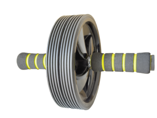 Abdominal roller wheel featuring foam handles, isolated on white, designed for effective core strengthening and fitness training. Isolated on white or transparent background