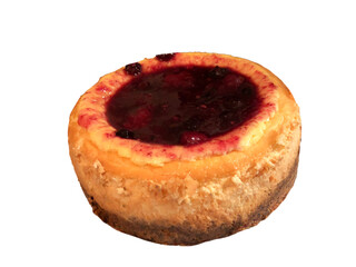 Small cheesecake with red fruit sauce topping, showing its creamy texture and delicious appearance, perfect for a sweet treat or dessert. Isolated on white or transparent background