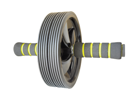Abdominal roller wheel featuring foam handles, isolated on white, designed for effective core strengthening and fitness training. Isolated on white or transparent background