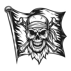 Fototapeta premium Monochrome Skull with Bandana and Crossbones on a Tattered Pirate Flag, Detailed Vector Illustration 