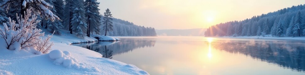 Obraz premium Crisp snow blankets a frozen lake, reflecting winter sunlight , frost, snowflakes