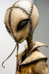 Creepy handmade alien figure with stitched head and large black eyes.
