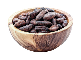 cocoa beans in wooden bowl on white background