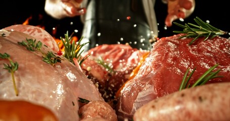 Fresh butcher cut meat assortment. Raw Various Kinds of Meat Served on a Table. Preparation of...