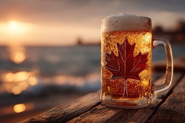 "Close-up of frothy beer in maple-adorned mug, rustic backdrop and sunset light for Canadian celebration."

