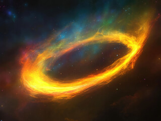 Vibrant cosmic nebula with colorful gas clouds swirling in space creating a glowing formation surrounded by stars and deep space illumination