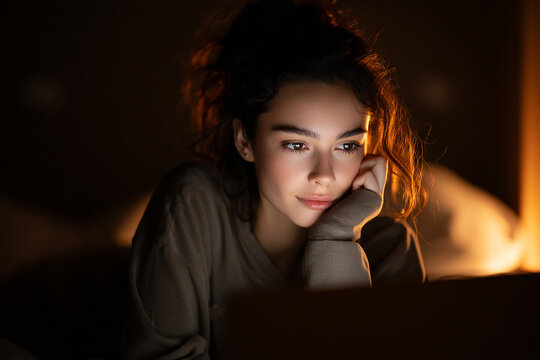 Teenage girl using her laptop during the night in her bedroom