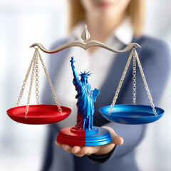 Politically divided red and blue Statue of Liberty on scales of justice, symbolizing partisan conflict and legal balance in the USA.