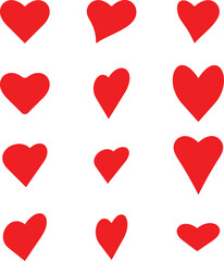 Set of red heart icons in various romantic shapes and styles, perfect for love, Valentine’s Day, wedding, and romantic design projects