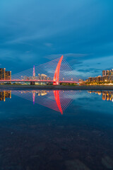 Awesome Ho Chi Minh City skyline at sunset. Colorful evening view of skyscrapers and other high-rise buildings across the Saigon River at downtown of Ho Chi Minh City, Vietnam. Amazing cityscape.