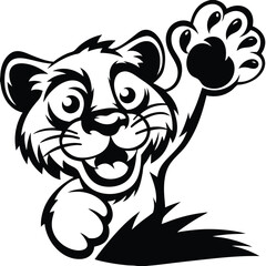 Cute Cartoon Lion Cub Waving Paw in Black and White Vector Graphic Isolated on White Background, Perfect for Designs and Illustrations                