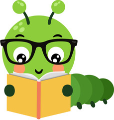 Cute Green Bookworm Reading a Storybook