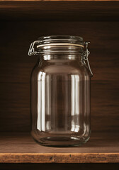 Clear Glass Jar with Metal Lid on Wooden Shelf