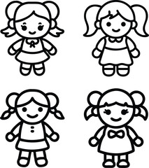Black and White Cute Cartoon Girl Characters with Pigtails. Vector Style Outlined Clipart for Coloring, Kids Activities, Crafts, Stickers, and Educational Materials.