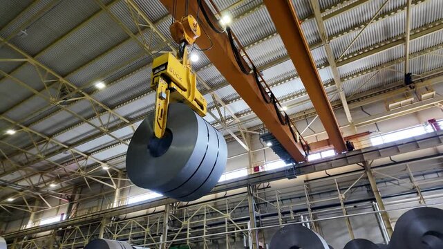 a crane lifts a roll of tinplate
