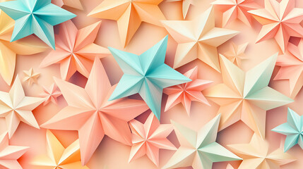 Colorful 3D Paper Stars on Pastel Background for Cute Decoration