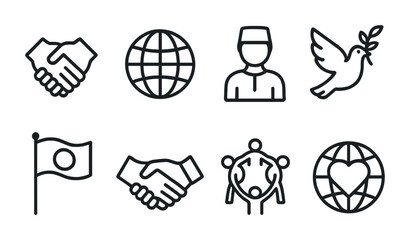 Diversity and peace outline icons set – line, solidarity, unity symbols