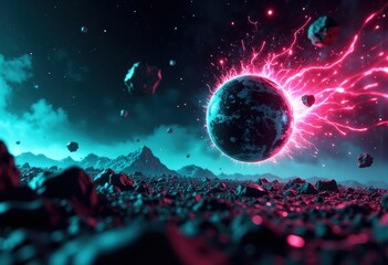 A vibrant cosmic scene featuring a glowing planet surrounded by asteroids
